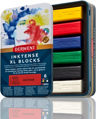 Carbune XL Derwent Proffesional Inktense, cutie metalica, solubil in apa, 6 culori/set